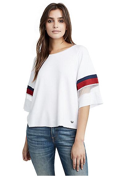 Color Block Crew Neck Womens Tee | White | Size X Small | True Religion