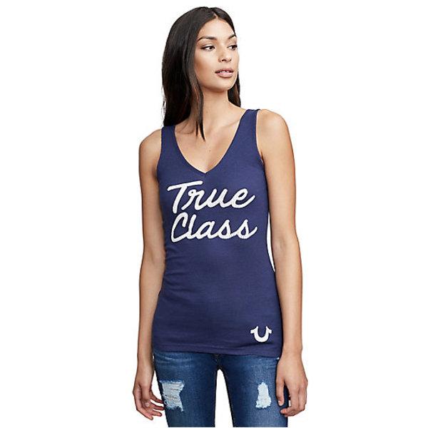 Women's True Class V Neck Rib Tank Top | Navy | Size X Small | True Religion
