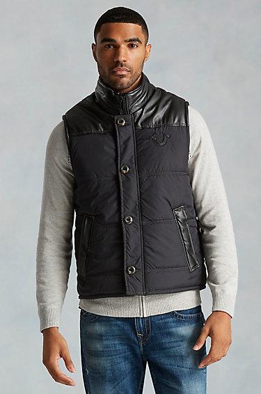 True Religion Mens Puffer Vest W Vegan Applique - Black
