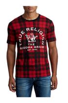 Men's Allover Plaid Crew Neck Tee | Ruby Red | Size X Small | True Religion