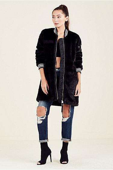 Womens Faux Fur Bomber Jacket | Black  | Size Medium | True Religion