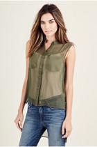 Womens High Low Button Up Shirt | Burnt Olive | Size Small | True Religion