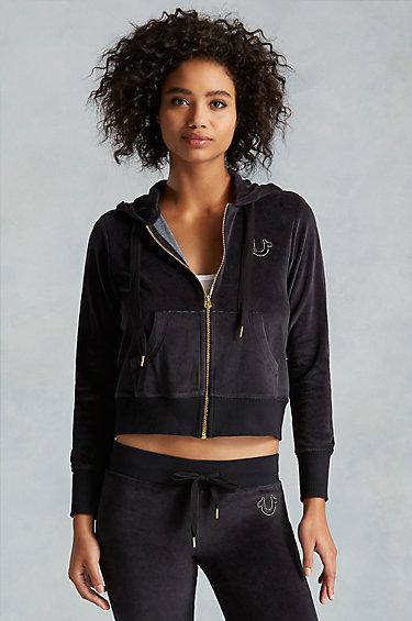 True Religion Velour Cropped Zip Up Womens Hoodie - Black
