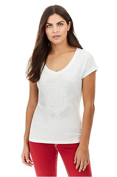Crystal Horseshoe Rounded V Neck Womens Tee | White | Size Small | True Religion