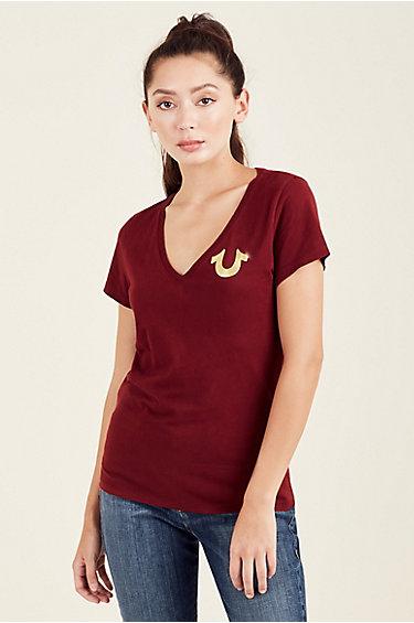 Womens Metallic Puff Print Tee | Ox Blood  | Size X Small | True Religion