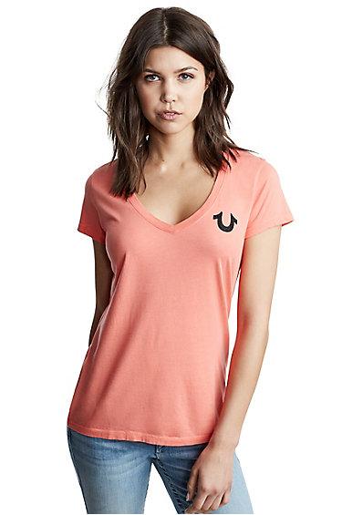 Classic Logo Deep V Neck Womens Tee | Ember | Size X Small | True Religion