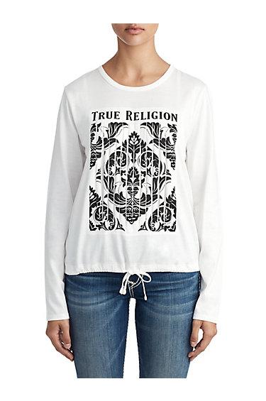 Womens Graphic Strip Drawstring Top | White | Size X Small | True Religion