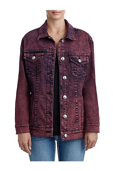 Women's Boyfriend Acid Wash Trucker Jacket | Marbled Crimson | Size Small | True Religion