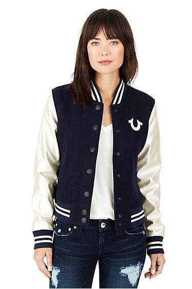 Classic Horseshoe Varsity Womens Jacket | Navy | Size Large | True Religion