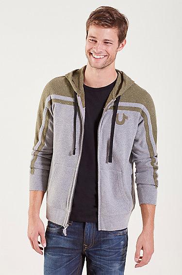 True Religion Horseshoe Contrast Zip Mens Hoodie - Heather Grey/army