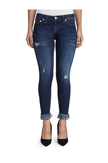Womens Distressed Cropped Super Skinny Jean W/ Shag Hem | Namaste Indigo | Size 23 | True Religion