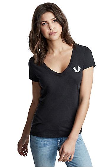 Classic Logo Deep V Neck Womens Tee | Black | Size X Small | True Religion