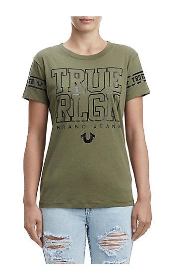 Women's True Pride Crew Neck Tee | Burnt Olive | Size X Small | True Religion