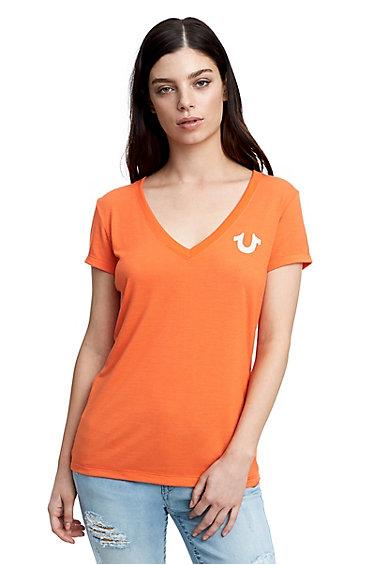 Classic Logo Deep V Neck Womens Tee | Coral | Size X Small | True Religion