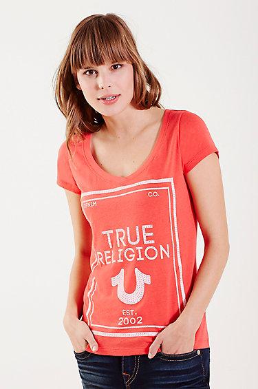 True Religion Reflective Rounded Vneck Tee - Red