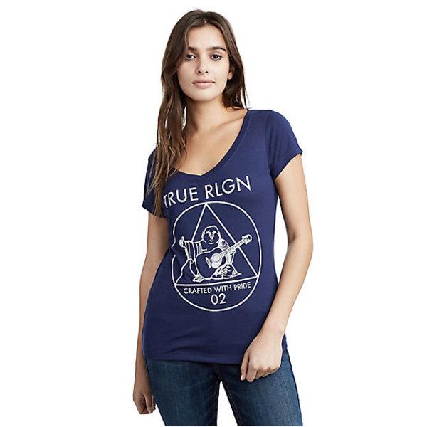 Women's Geometric Buddha Rounded V Tee | Navy | Size X Small | True Religion