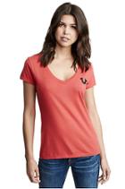 Classic Logo Deep V Neck Womens Tee | Ruby Red | Size X Small | True Religion