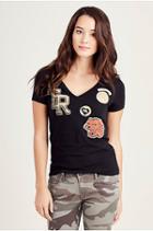 Printed Patch Vneck Womens Tee | Black | Size X Small | True Religion
