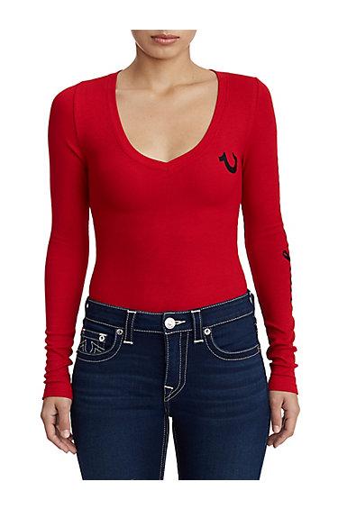 Women's Deep V Neck Bodysuit | Ruby Red | Size X Small | True Religion