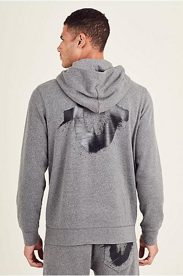 Splatter Horseshoe Mens Hoodie | Heather Grey | Size Small | True Religion