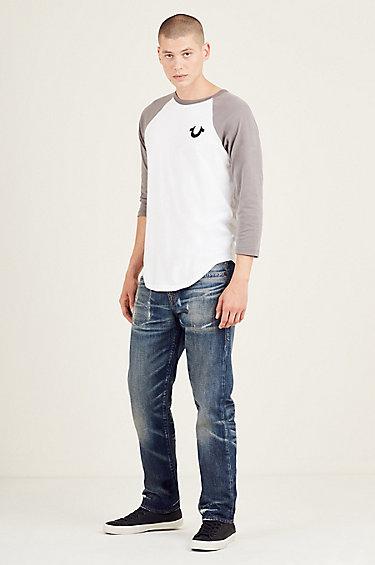 Embroidered Raglan Tiger Mens Tee | White /grey | Size Medium | True Religion