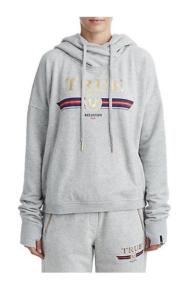 Womens Striped Logo Pullover Hoodie | Heather Grey | Size X Small | True Religion
