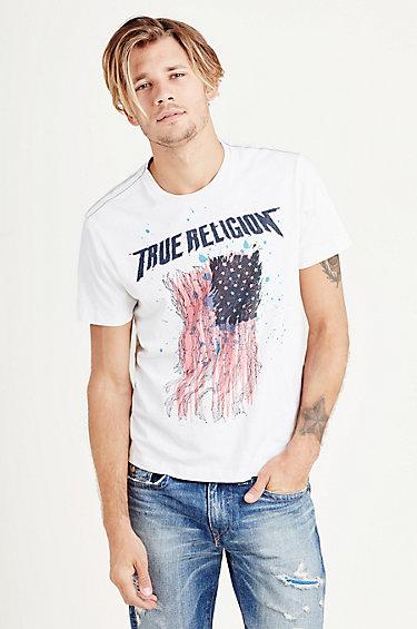 True Religion Paint Splatter Flag Mens Tee - Optic White