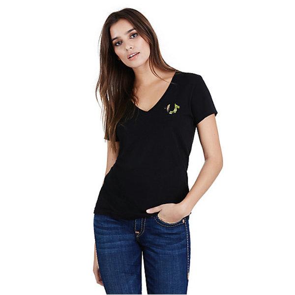 Camo True Womens V Neck Tee | Black | Size Small | True Religion