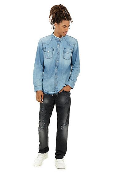 Mens Raw Edge Western Denim Shirt | Space Blues | Size Small | True Religion