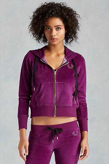 True Religion Velour Cropped Zip Up Womens Hoodie - Magenta