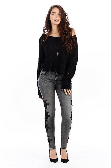 Crop Distress Womens Sweater | Black | Size X Small | True Religion