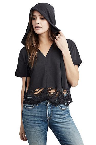 Womens Destroyed Crop Hoodie | Black | Size X Small | True Religion