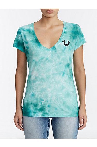 Women's Tie Dye Classic Deep V Neck Tee | Marina | Size Xx Small | True Religion