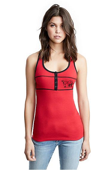 Women's Buddha Placket Rib Tank Top | Ruby Red | Size Xx Small | True Religion