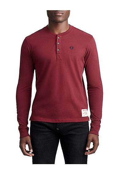 Mens Classic Embroidered Henley Shirt | Burgundy | Size Small | True Religion