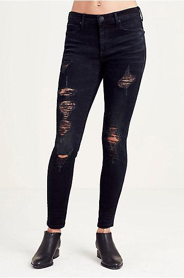 Halle Super Skinny Womens Jean | Black Sky Destroyed | Size 26 | True Religion