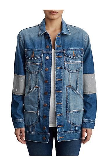 Womens Deconstructed Denim Boyfriend Jacket | Faded Cobalt | Size X Small | True Religion