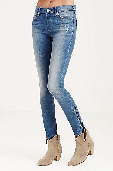True Religion Halle Super Skinny Cropped Ankle Lace Up Womens Jean