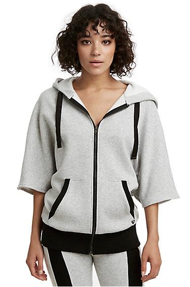 Womens Zip Dolman Hoodie | Heather Grey | Size X Small | True Religion
