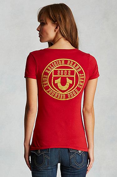 True Religion Logo Crest Slim Vneck Womens Tee - Red