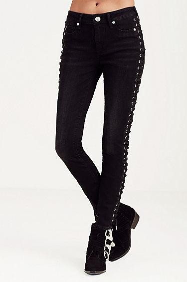 True Religion Halle Super Skinny Cropped Lace Up Womens Jean - Pepper