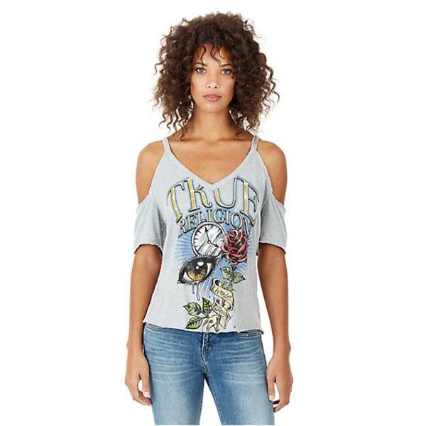 Womens Rose Cold Shoulder Top | Heather Grey | Size Small | True Religion