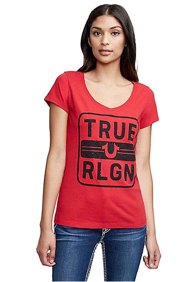 Women's True Religion Box Round V Neck Tee | Ruby Red | Size Xx Small