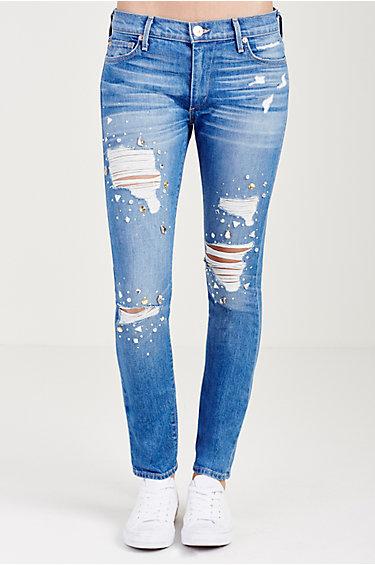True Religion Super Skinny Crystal Womens Jean - Bowie Blue Destroyed