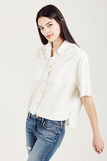 Button Front Cropped Womens Shirt | White  | Size X Small | True Religion