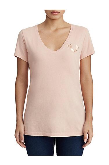 Womens Metallic Puff Print Tee | Dusty Pink | Size X Small | True Religion