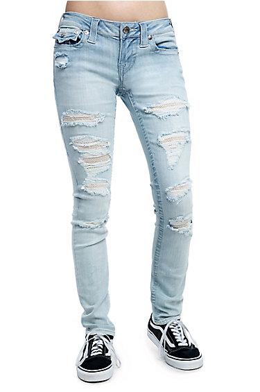 Skinny Natural Stitch Womens Jean | Lighten Up Destroyed | Size 25 | True Religion