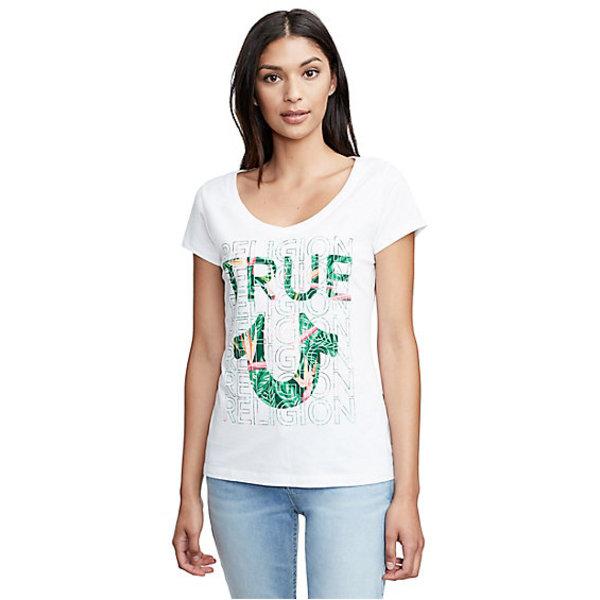 Women's Tropical True Rounded V Neck Tee | White | Size X Small | True Religion