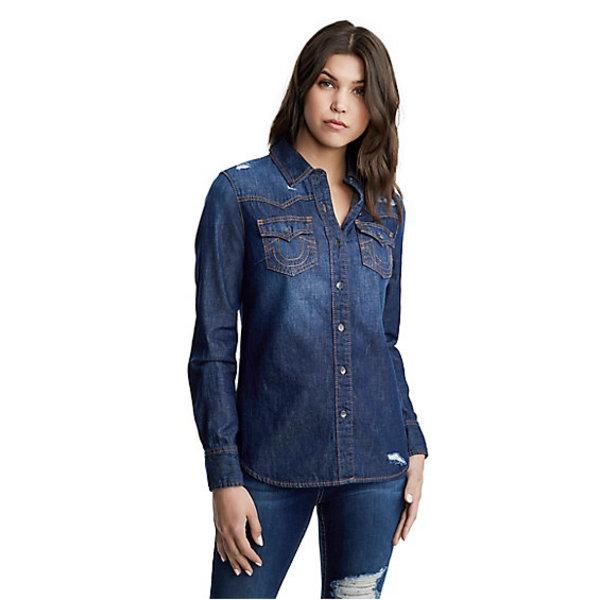 Men's Georgia Western Denim Shirt | Exad Radiant Indigo W/destroy | Size X Small | True Religion
