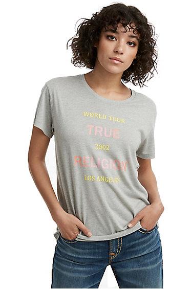 Womens Tr World Tour Graphic Tee | Heather Grey | Size X Small | True Religion